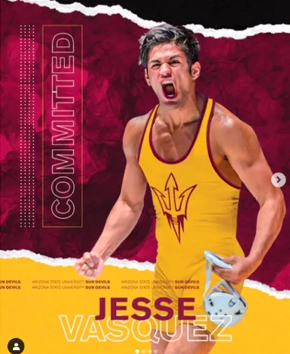 A recruiting announcement graphic reading 'COMMITTED' and 'JESSE VASQUEZ', showing a wrestler in a gold Arizona State singlet with the pitchfork logo, shouting and holding headgear.